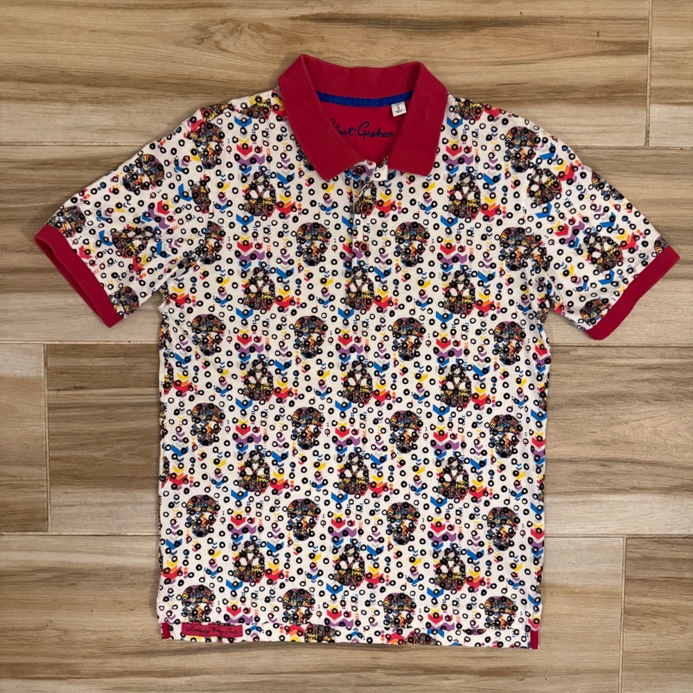 Robert Graham Mens Skull Print Polo Shirt Pink Multi Color Cotton Classic Fit S